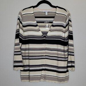 NWT Isaac Mizrahi Striped Cardigan Size L Neutral Cream & Black Button Up Preppy